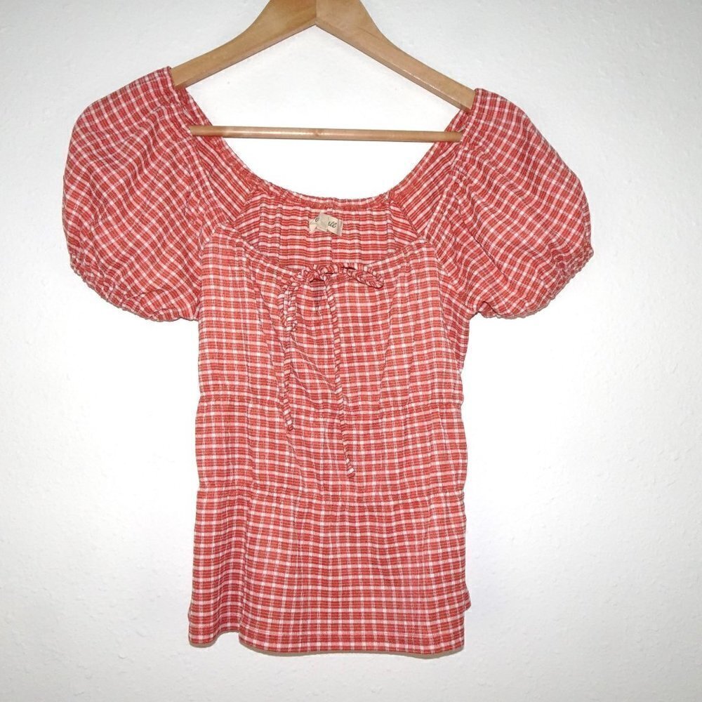 Madewell Omaha Tiered Top Women's Size S Orange Gingham Square Neck - Picture 3 of 9